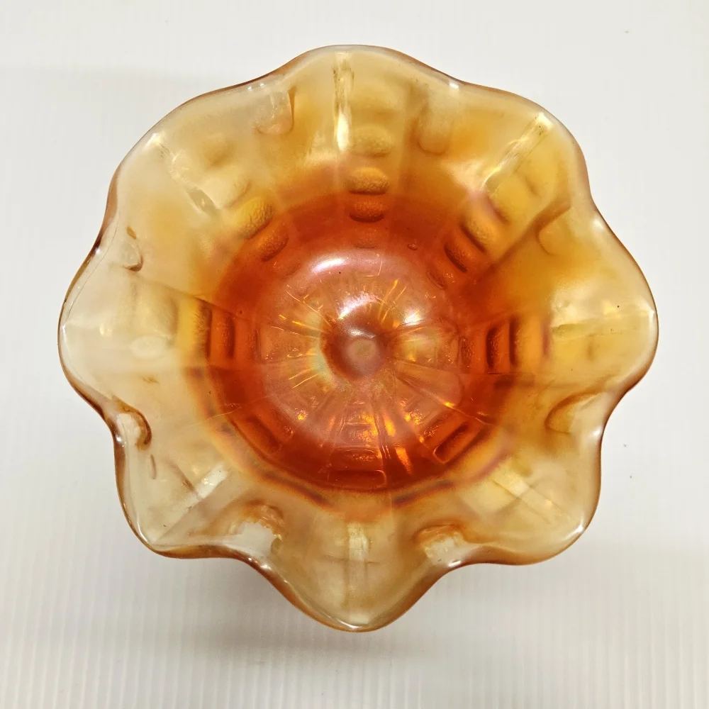 Marigold Carnival Glass Pedestal Ruffled Edge Compote Candy Dish Vintage